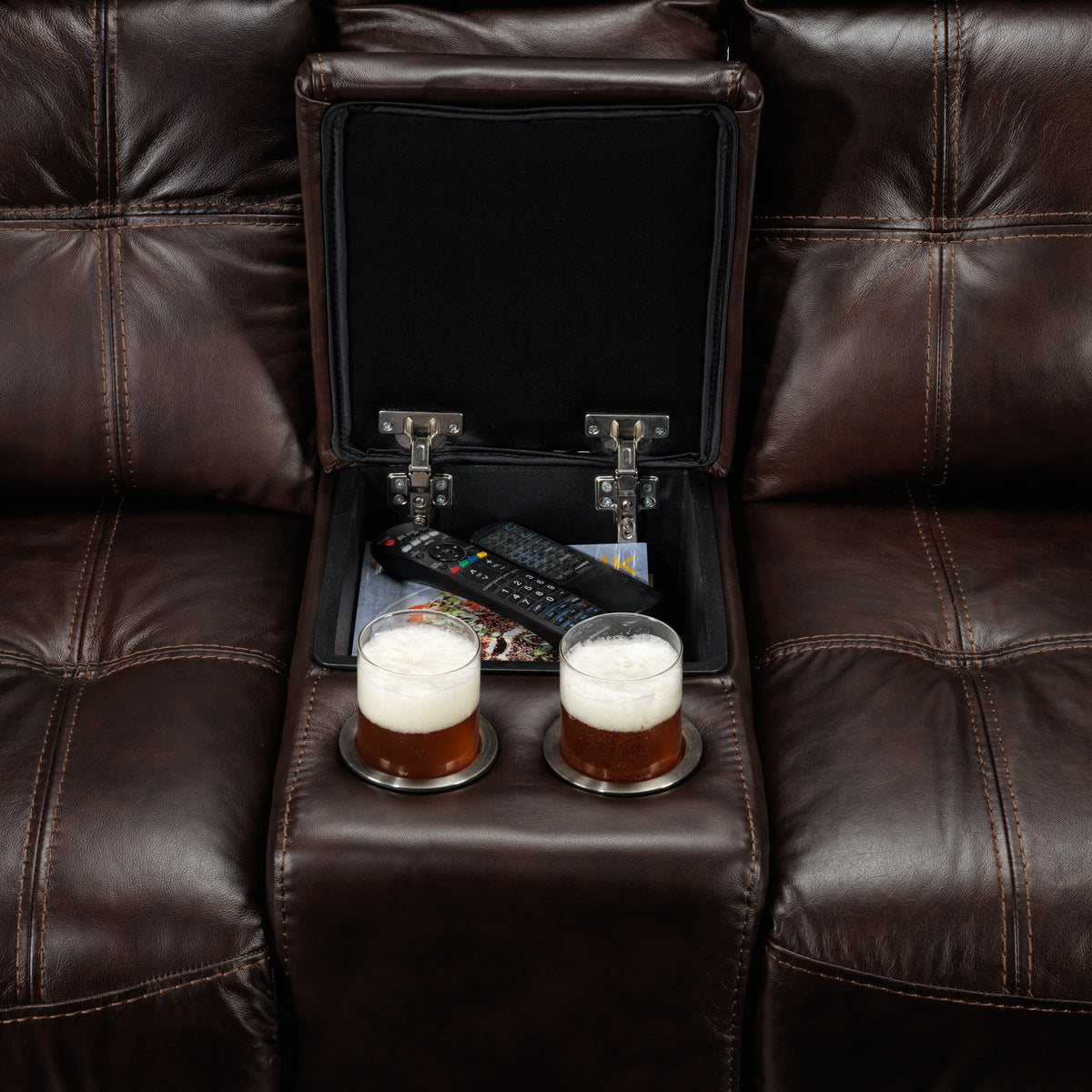 Cooper Leather Reclining Sofa, Reclining Loveseat with Console and Recliner Set - Brown