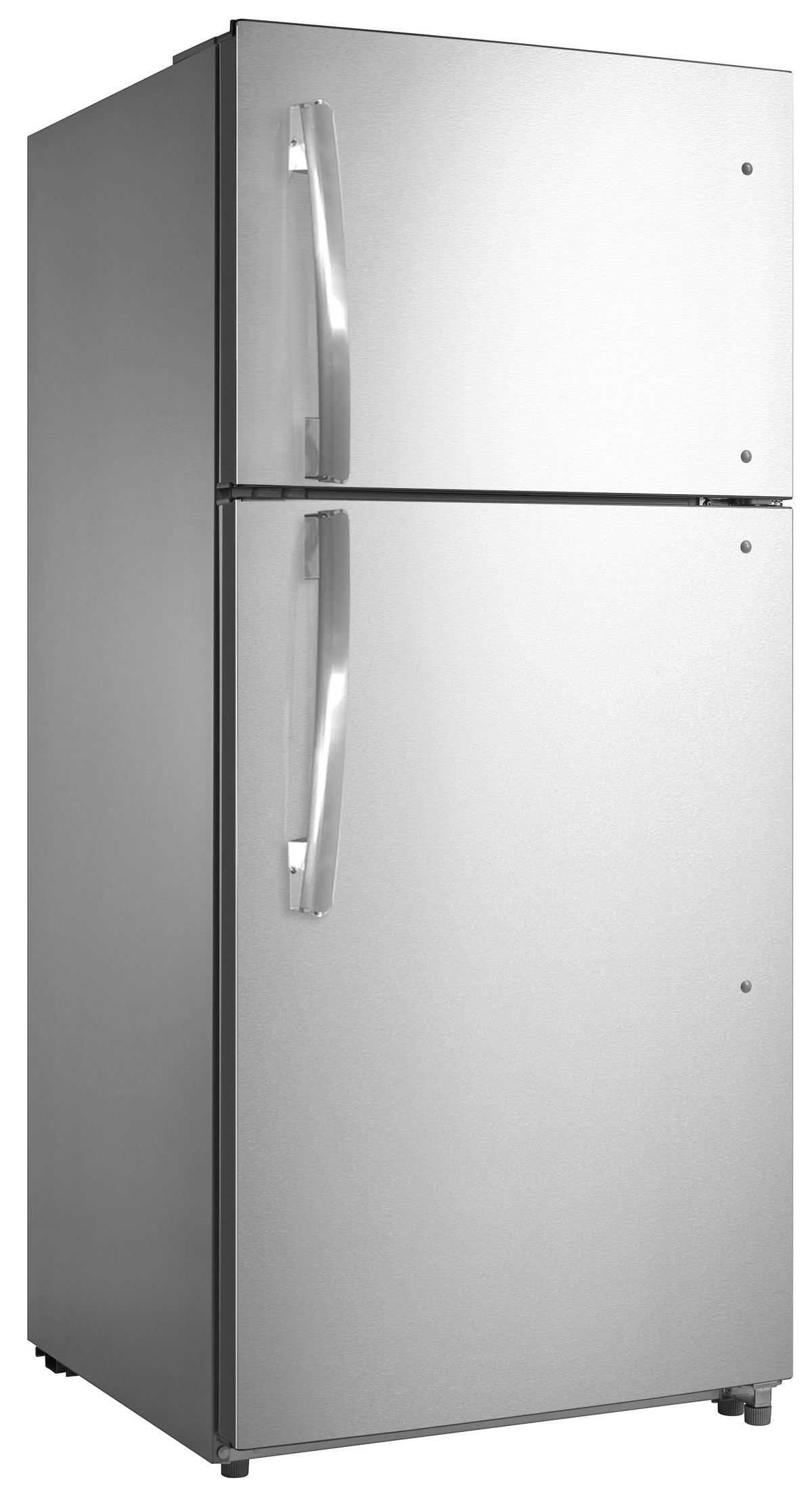 GE stainless steel top-freezer refrigerator shown from the side with colour-matched handles