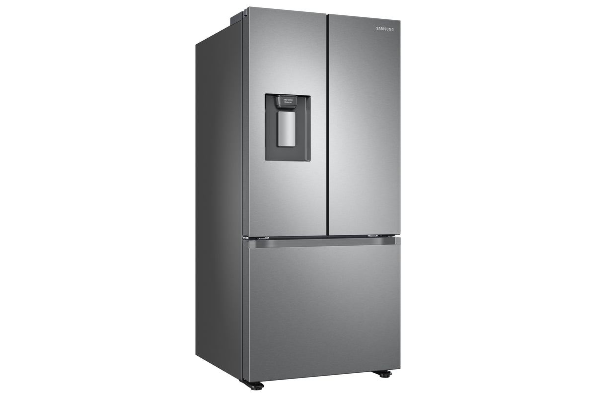 Samsung 30-inch French door refrigerator shown from a left-side angled perspective
