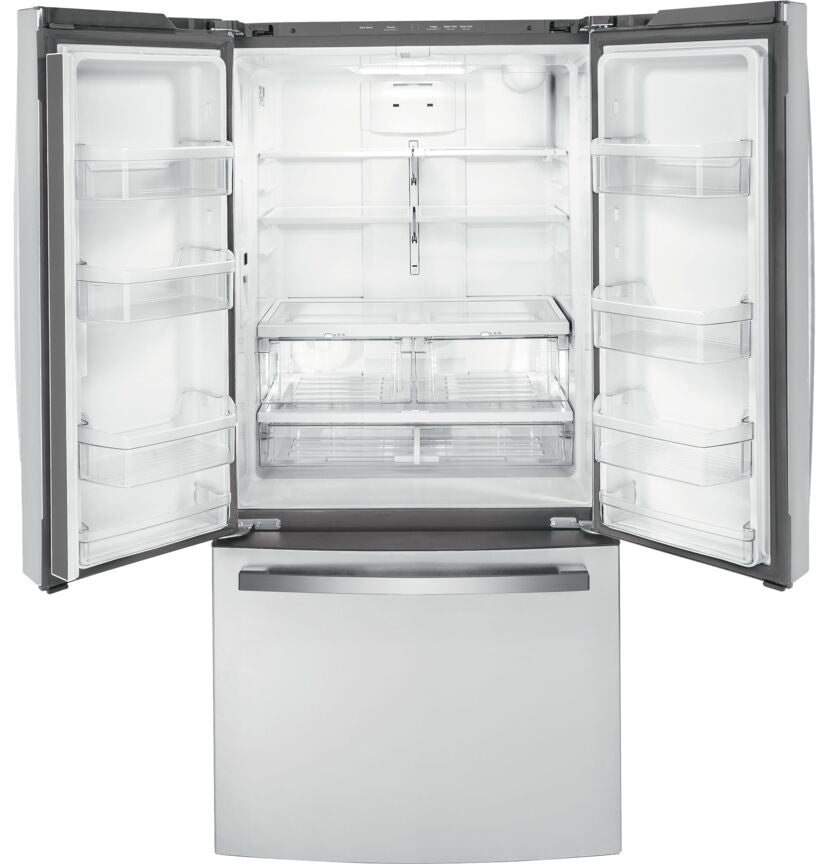 Open GE French door refrigerator showing shelves and bottom freezer drawer