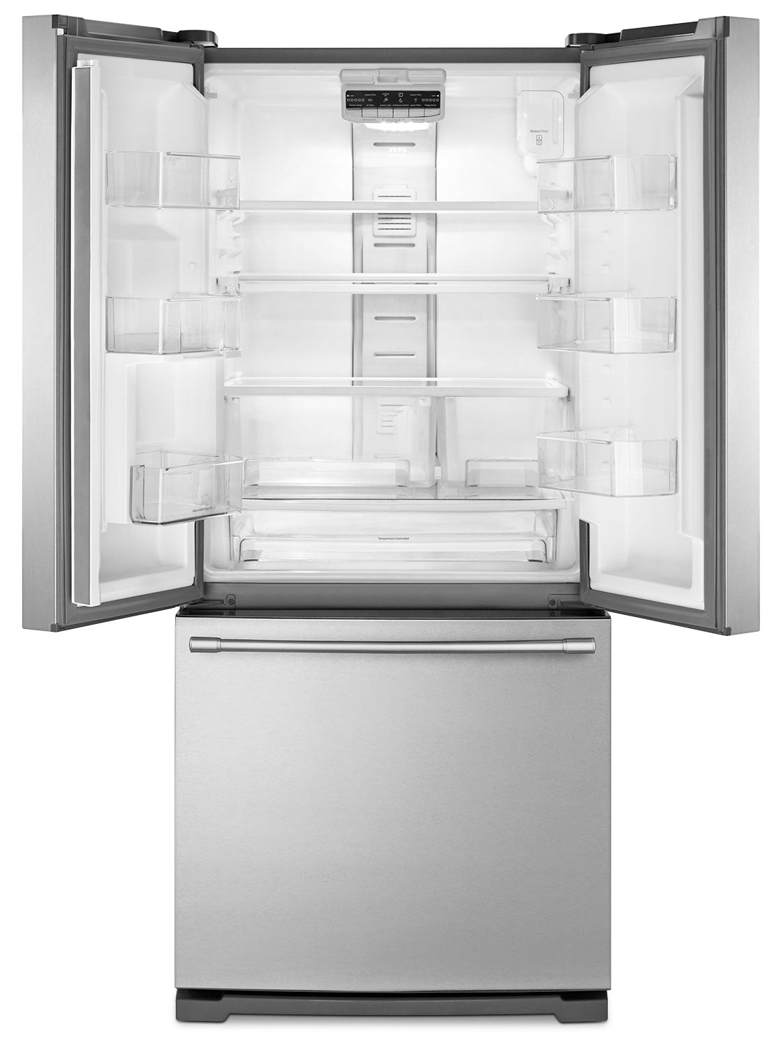 Open Maytag French door refrigerator showing glass shelves, door bins and bottom freezer drawer
