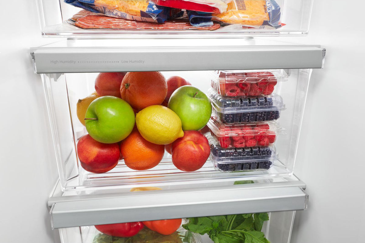 Whirlpool refrigerator storage with adjustable gallon bins and in-door can caddy