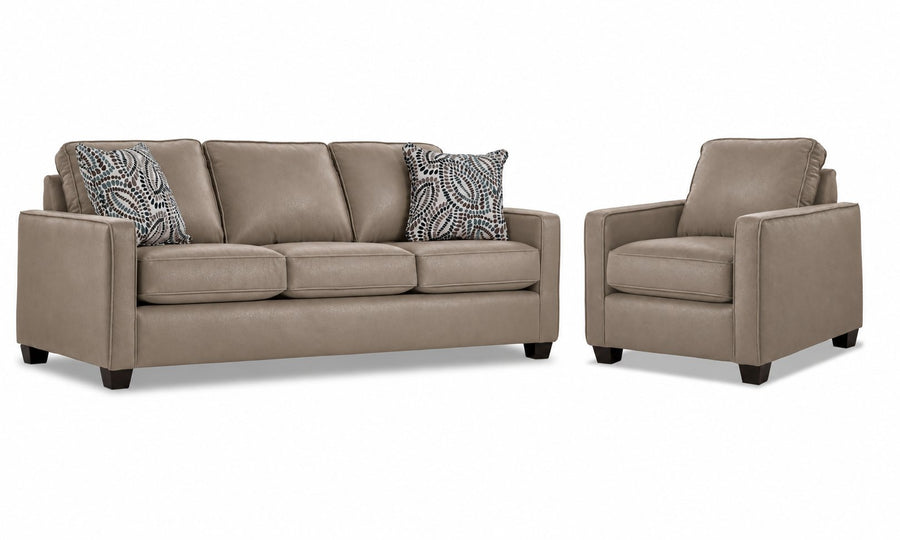 City Leather Sofa and Chair Set - Stone with matching leather seating, patterned accent pillows and dark wood legs