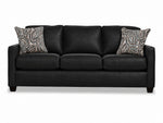 City Leather Sofa - Black front view with three cushioned seats and backs, slim track arms, dark wood legs and two patterned accent pillows