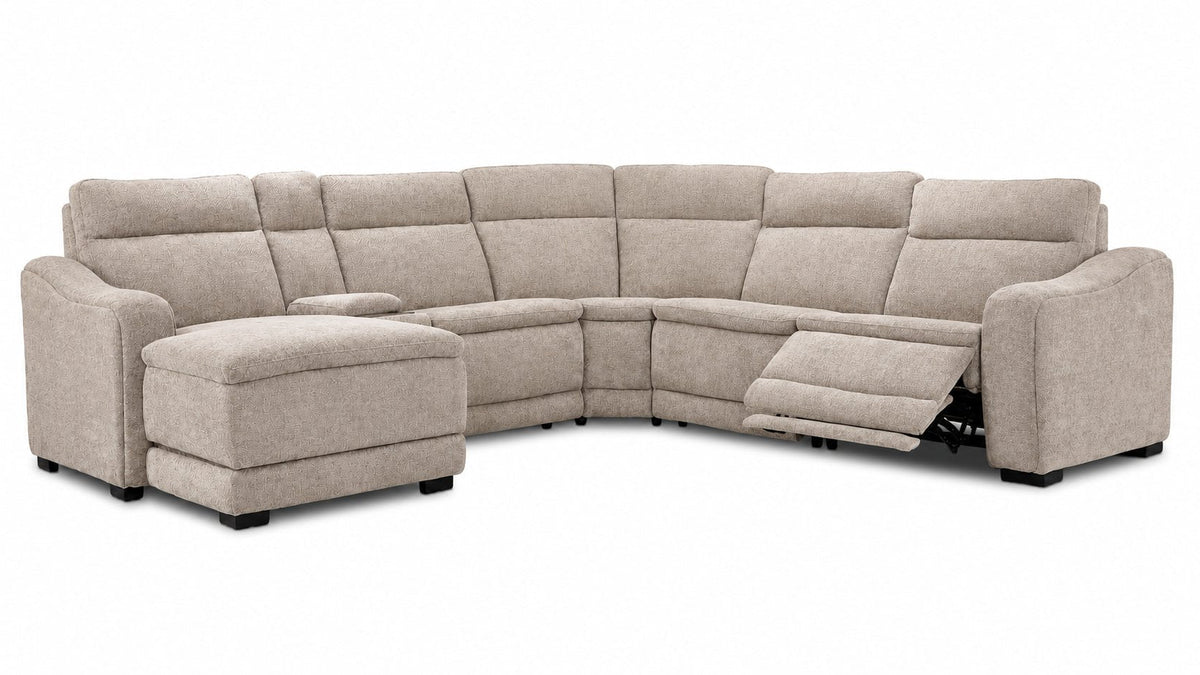 Madison 6-Piece Dual Power Reclining Sectional with Left-Facing Chaise - Beige shown with one power recliner extended
