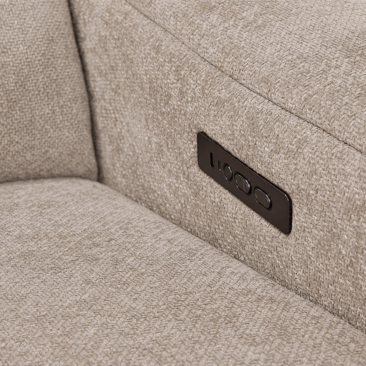 Madison 6-Piece Dual Power Reclining Sectional with Left-Facing Chaise - Beige close-up of built-in power controls beside the seat