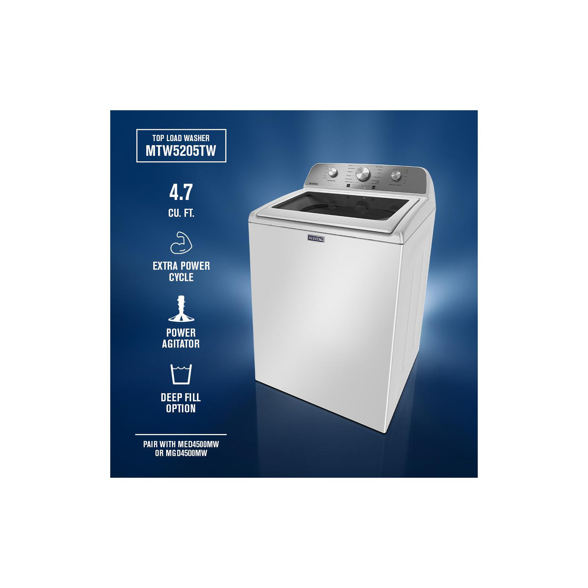 Maytag White Top Load Agitator Washer (5.4 Cu. Ft. IEC) with Extra Power Cycle - MTW5205TW