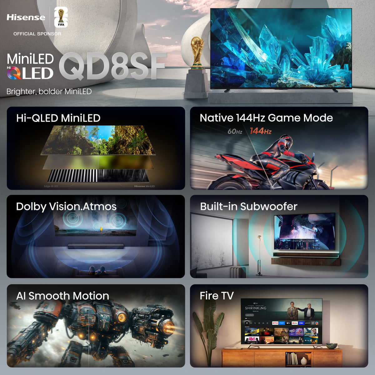 Hisense 75" QLED Mini-LED AI TV 144Hz - Fire TV - 75QD8SF--