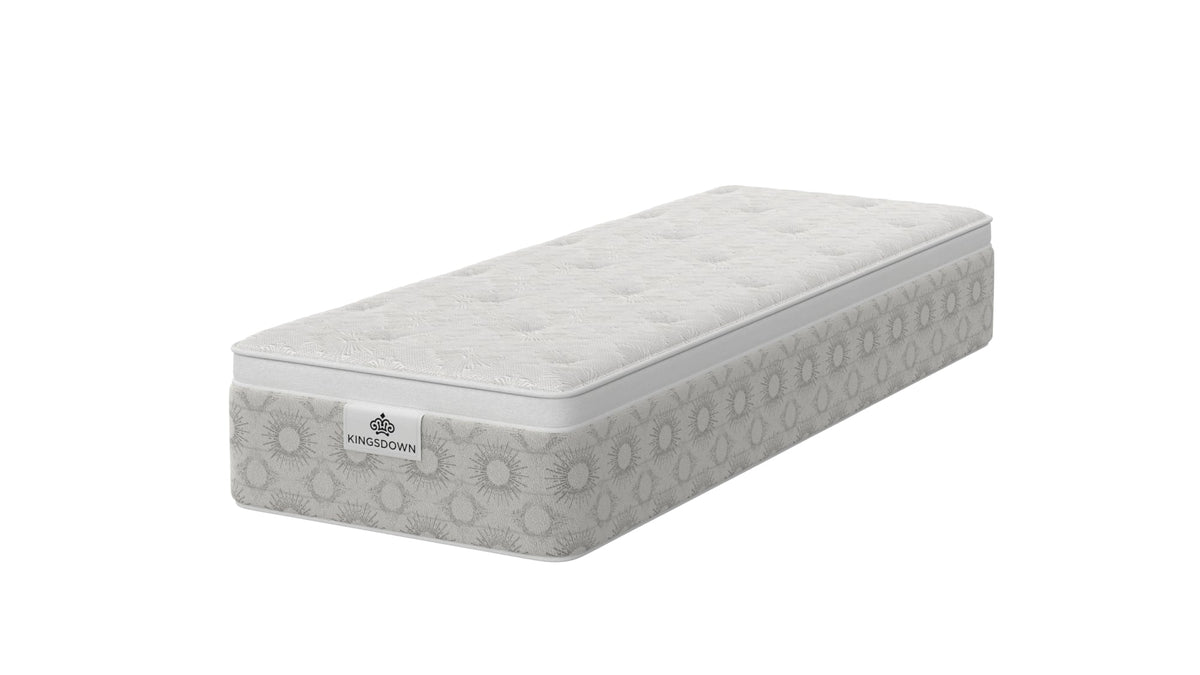 Kingsdown Atmosphere Firm Euro Top 30 x 80 in Queen Split Mattress, angled view with tufted top and light beige side panels