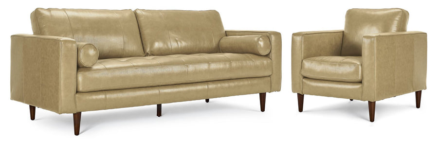 Bari Leather Sofa and Chair Set in stone with tufted seating, structured track arms and tapered wood legs