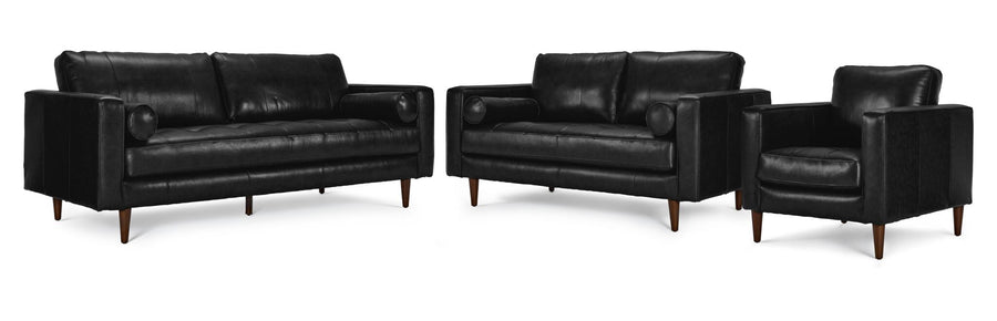 Bari black leather living room set with matching sofa, loveseat and chair with tapered wood legs.