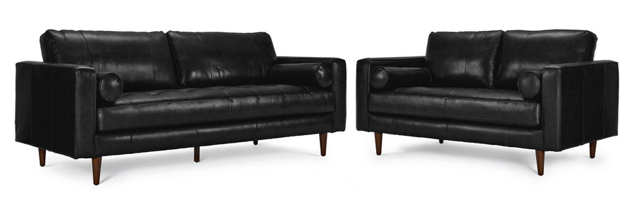 Bari black leather sofa and loveseat set with tufted seats, bolster pillows and tapered wood legs.
