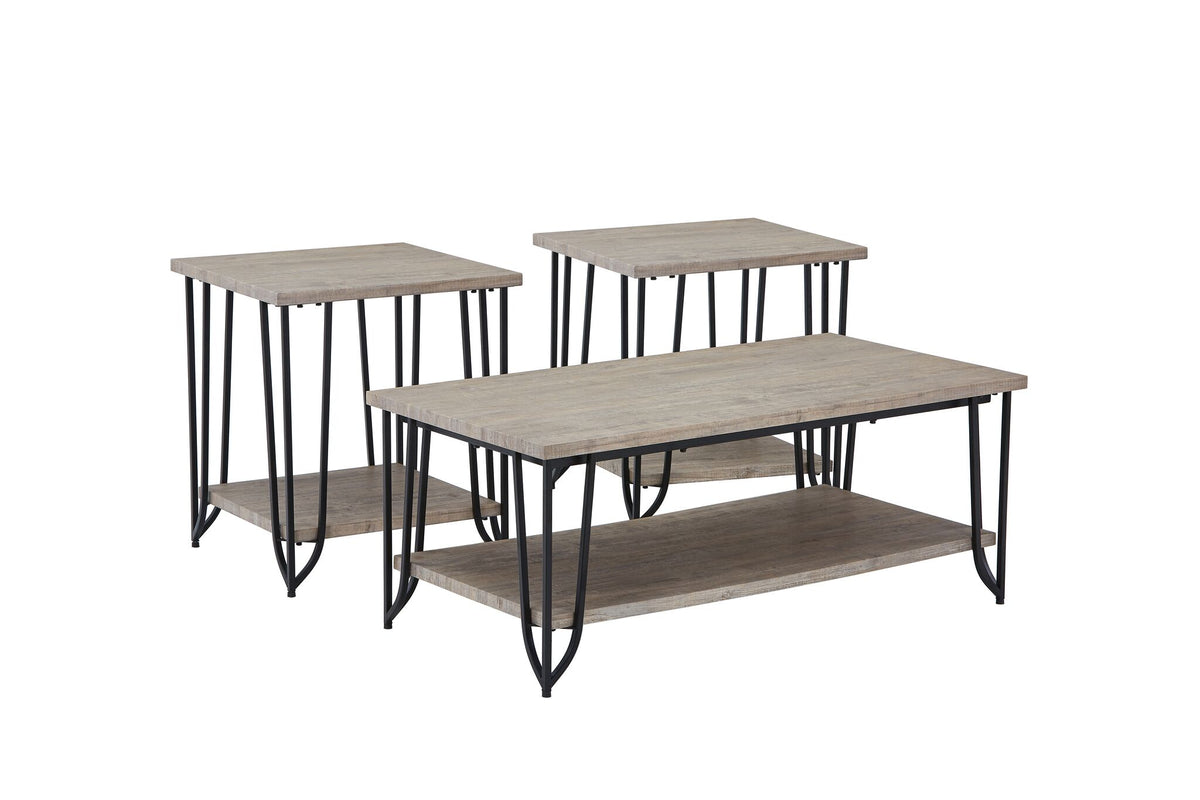 Bennet 23.62" Coffee Table and 2 End Tables - Rustic Oak with black metal legs and lower storage shelves