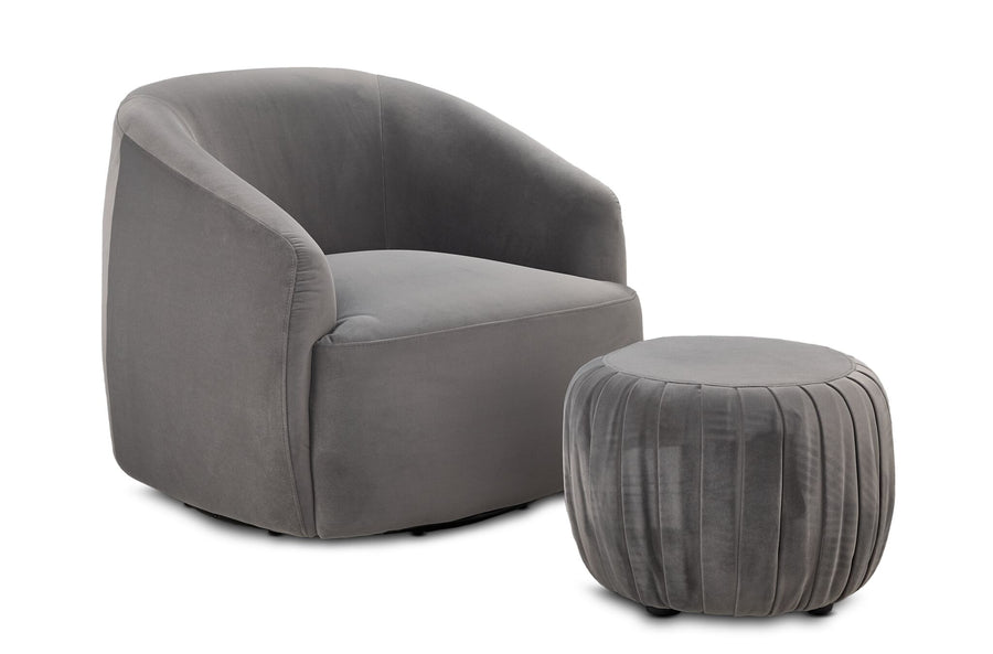 Blaire Swivel Accent Chair and Ottoman Set - Grey with curved upholstered chair and round pleated ottoman
