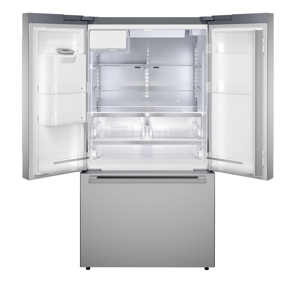 Open Bosch French door refrigerator showing empty shelves, door bins, crisper drawers and bottom freezer drawer