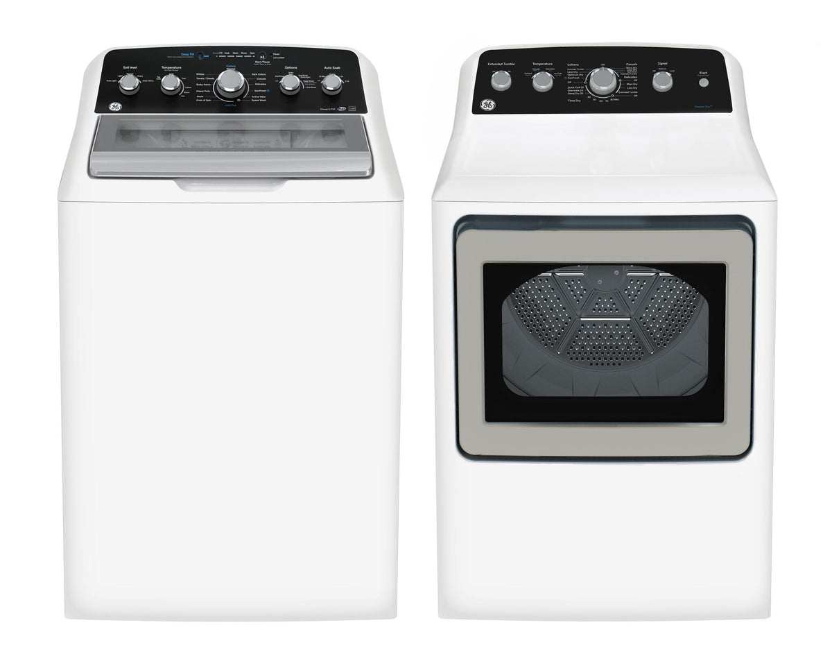 GE White Top Load Washer (4.9 Cu. Ft.) & Gas Dryer with SaniFresh Cycle (7.2 cu.ft.) - GTW491BMRWS/GTD49GBMRWS