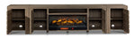 Great Falls 3-Piece Fireplace Entertainment Unit - Grey with fireplace and four open cabinets showing shelves and cable openings