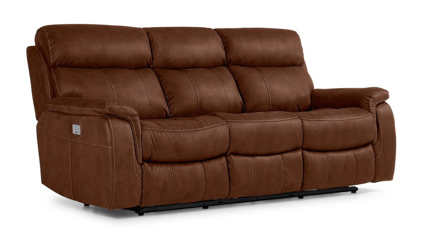 Haven mocha dual power reclining sofa with tall backs, scooped seats and angled front view