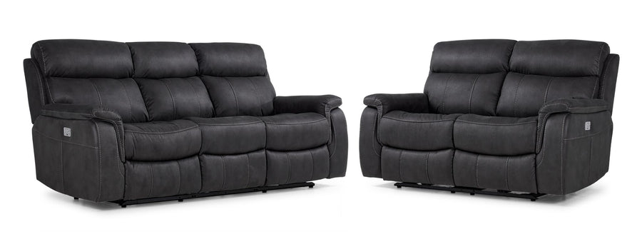 Haven Dual Power Reclining Sofa and Loveseat Set in grey with plush seating, padded headrests and contrast stitching