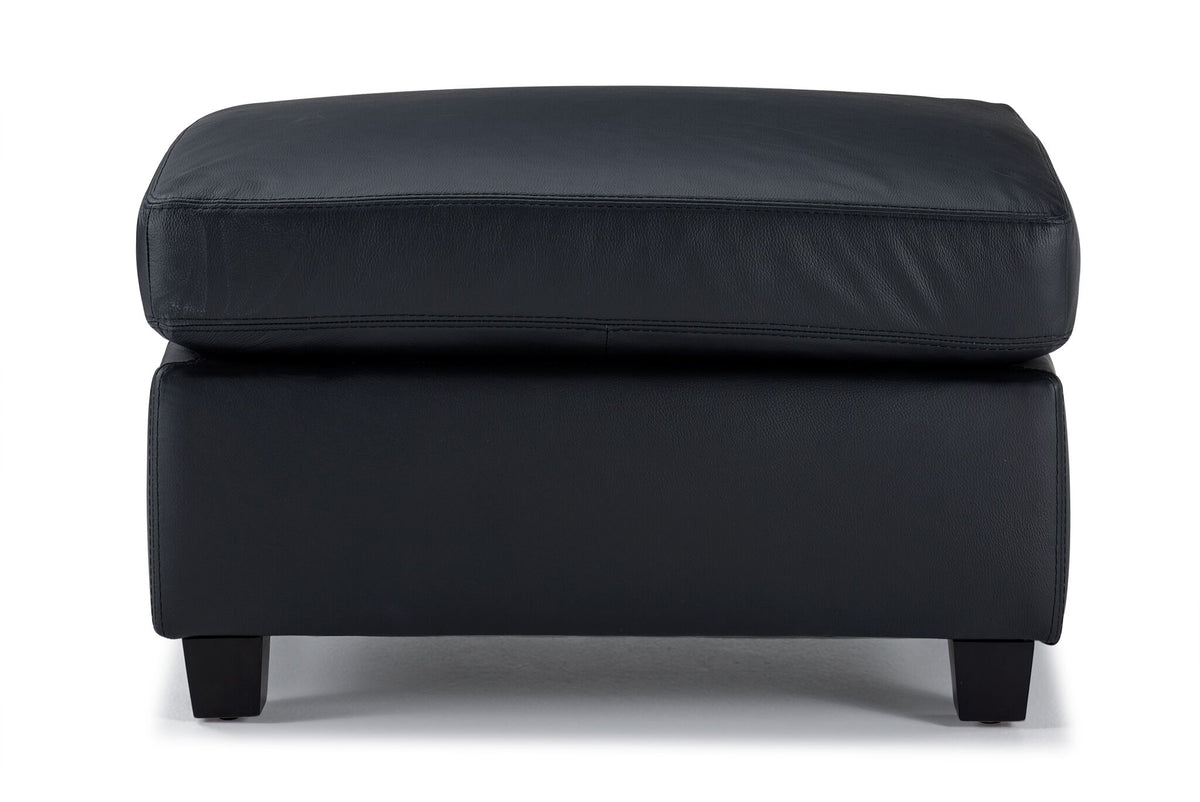 Icon Leather Ottoman - Black, front view with thick padded leather cushion and dark wood feet
