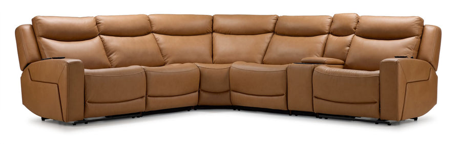 Jackson Leather 6-Piece Power Reclining Sectional - Butternut with curved seating, padded backs and console