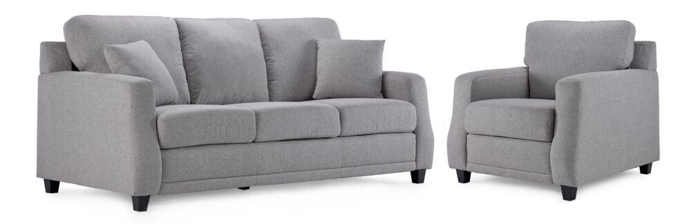 Jessica Sofa and Chair Set - Dove angled view with plush cushions, curved arms and dark tapered legs