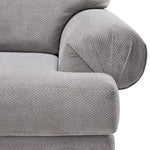 Jupiter Sectional - Ash Grey close-up showing textured upholstery, plush seat cushion and pleated rolled arm