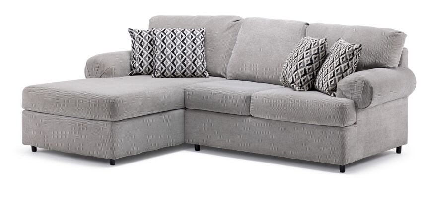 Jupiter 2-Piece Sectional with Left-Facing Chaise - Ash Grey with rolled arms, plush cushions and patterned pillows