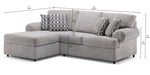 Jupiter 2-Piece Sectional with Left-Facing Chaise - Ash Grey shown with product dimensions and seating measurements