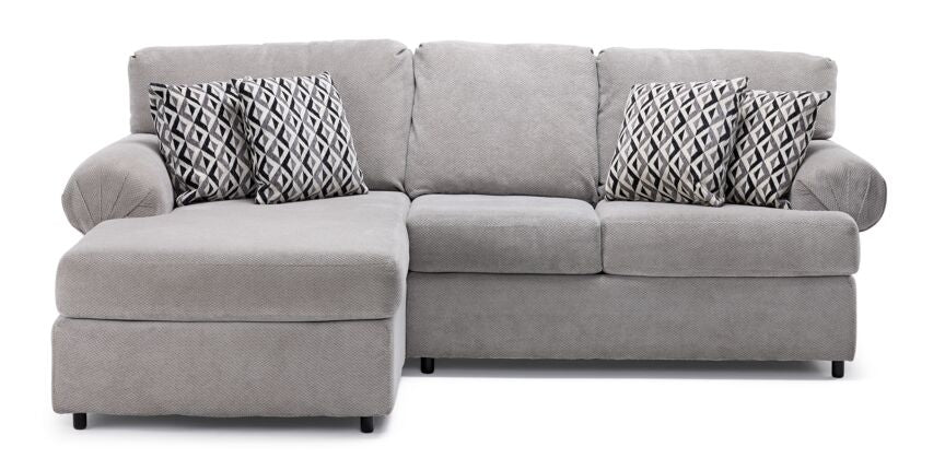 Jupiter 2-Piece Sectional with Left-Facing Chaise - Ash Grey front view with plush cushions and patterned pillows