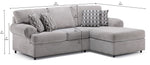 Jupiter 2-Piece Sectional with Right-Facing Chaise - Ash Grey shown with product dimensions and seating measurements