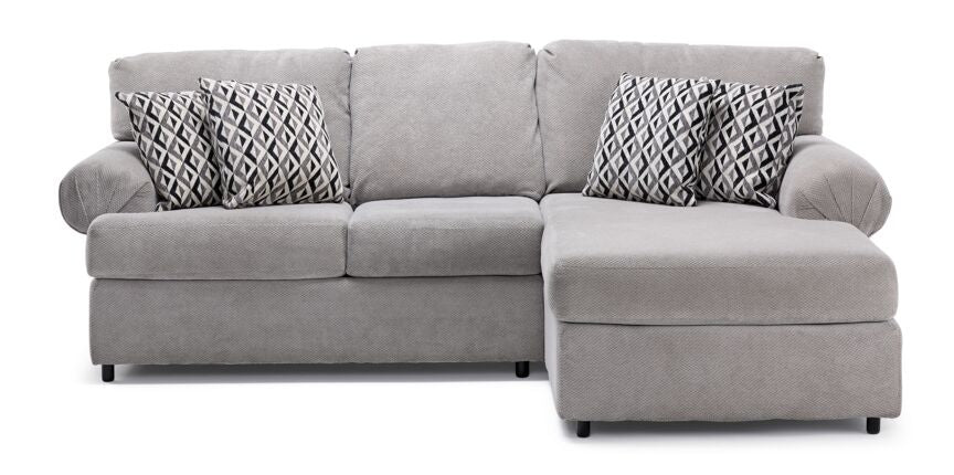 Jupiter 2-Piece Sectional with Right-Facing Chaise - Ash Grey front view with plush cushions and patterned pillows