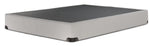 Kingsdown White Boucle queen boxspring with beige polyester upholstery and a black support surface, angled view