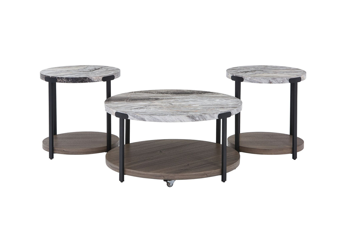 Kosmos 35.43" Coffee Table and 2 End Tables - Faux Marble/Dark Oak with round tops, black legs and lower shelves