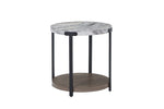 Kosmos round end table with faux marble top, dark oak lower shelf and slim black metal legs