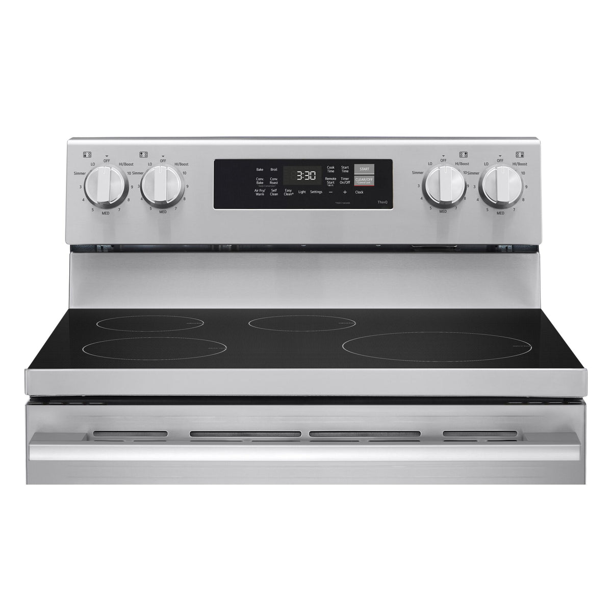 Front detail of LG induction range showing four-zone black glass cooktop, rear controls and stainless steel trim