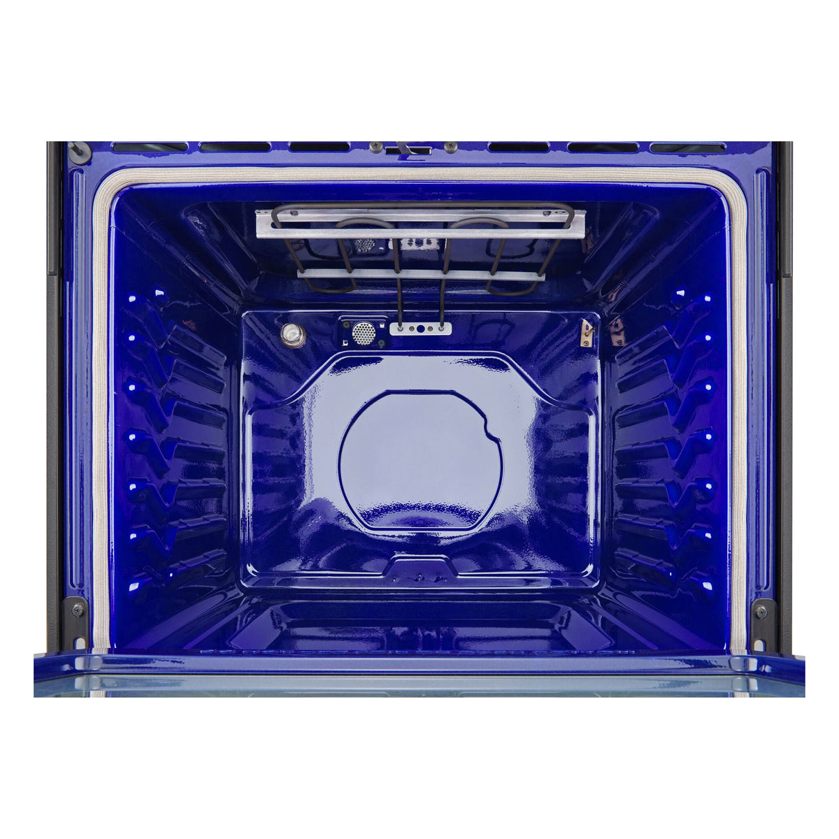 Close-up of LG electric range blue EasyClean oven interior showing heating element and rack positions