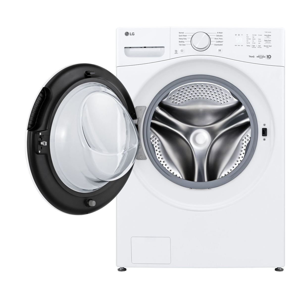 LG white front load washer with door fully open showing stainless steel drum