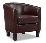 Lincoln Accent Chair - Brown in a three-quarter view with curved tub-style back, cushioned seat and dark tapered legs