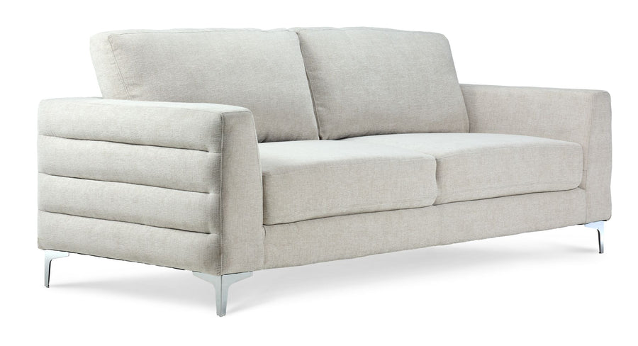 Micah beige fabric sofa with track arms, fluted side detail and chrome legs
