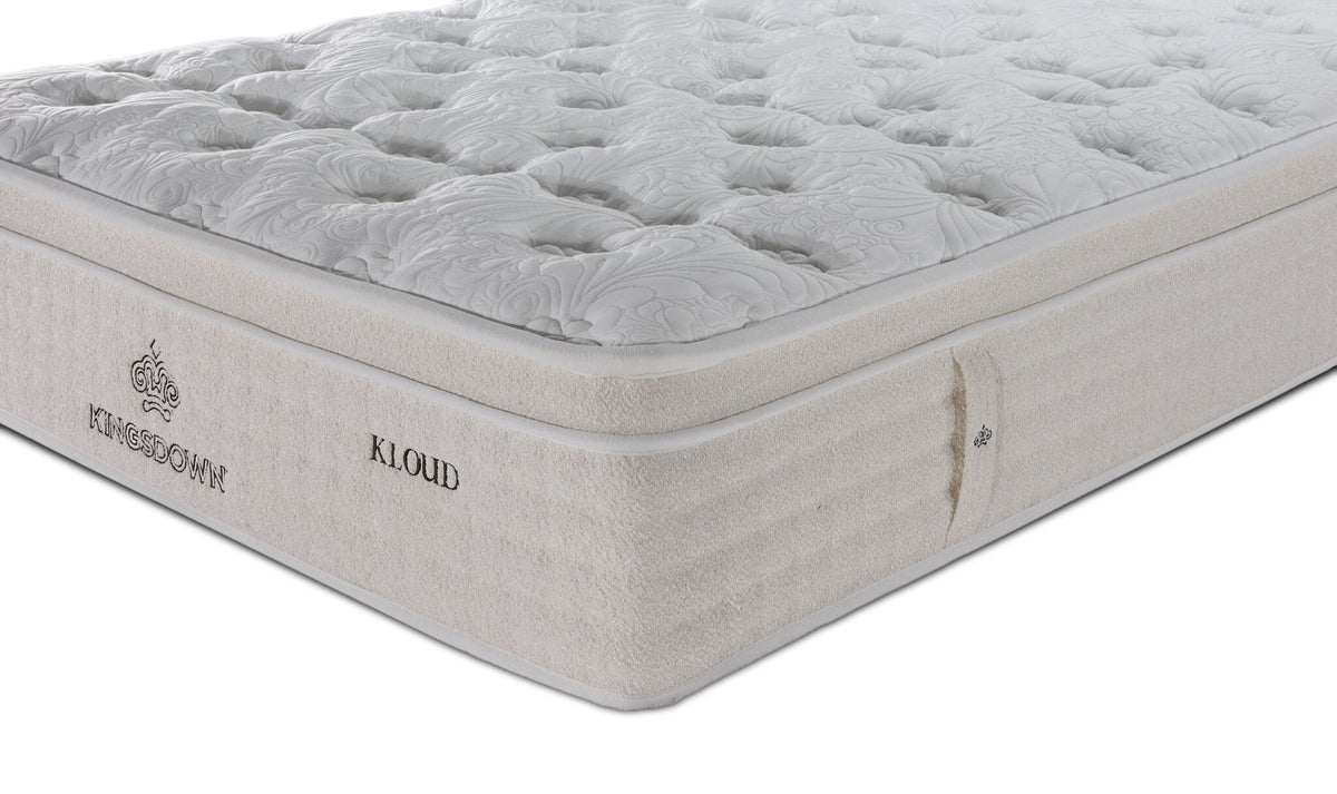 Close-up of Kingsdown Atmosphere Plush Euro Top King mattress showing tufted surface and beige side upholstery