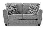 Moncton light grey loveseat with two back cushions, accent pillows and clean front view
