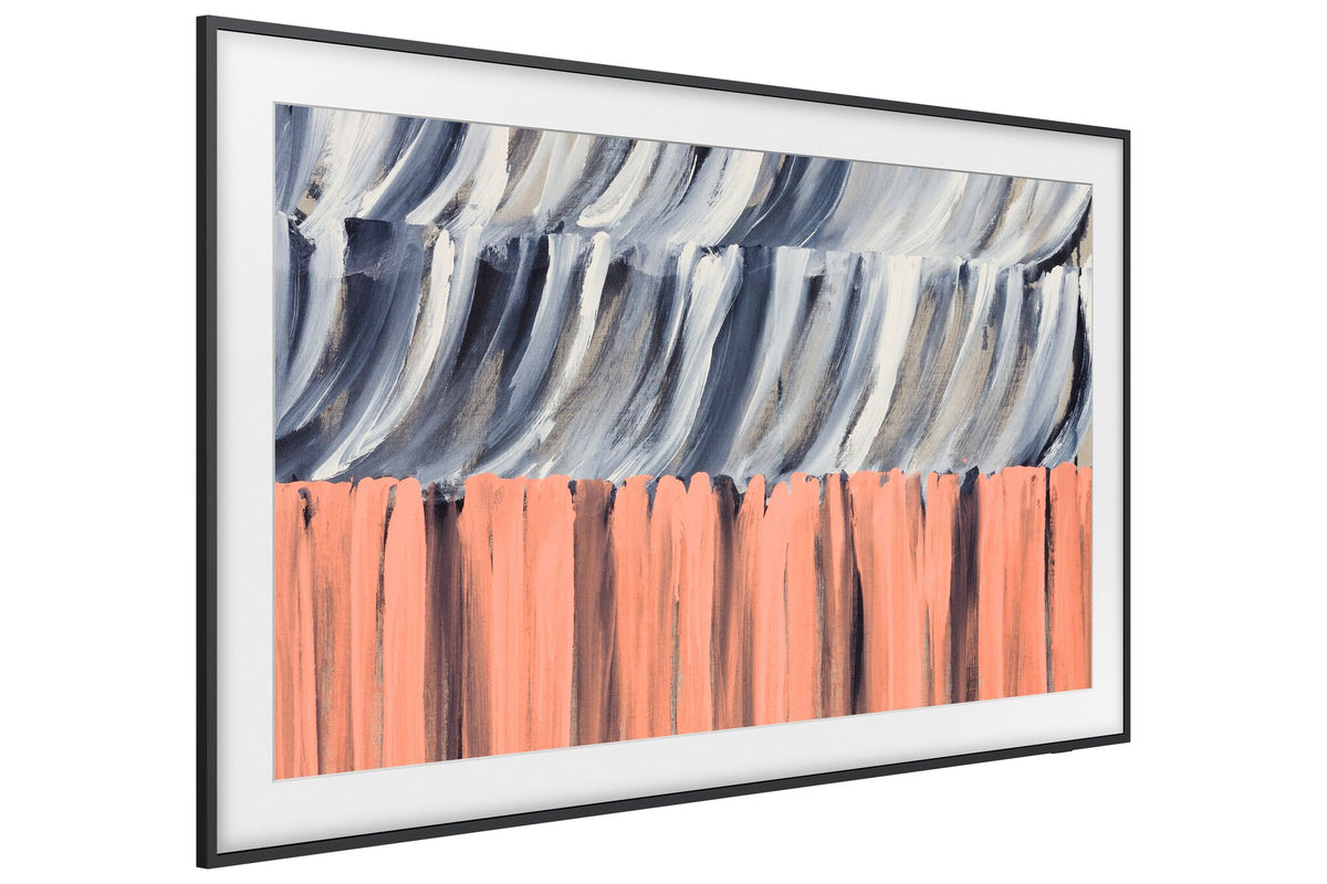 Samsung 75-inch The Frame LS03HE 4K Vision AI Smart TV shown at an angle displaying abstract blue, white and coral artwork in Art Mode