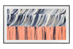 Front view of Samsung 75-inch The Frame LS03HE Smart TV with slim black frame and white mat-style border surrounding abstract artwork
