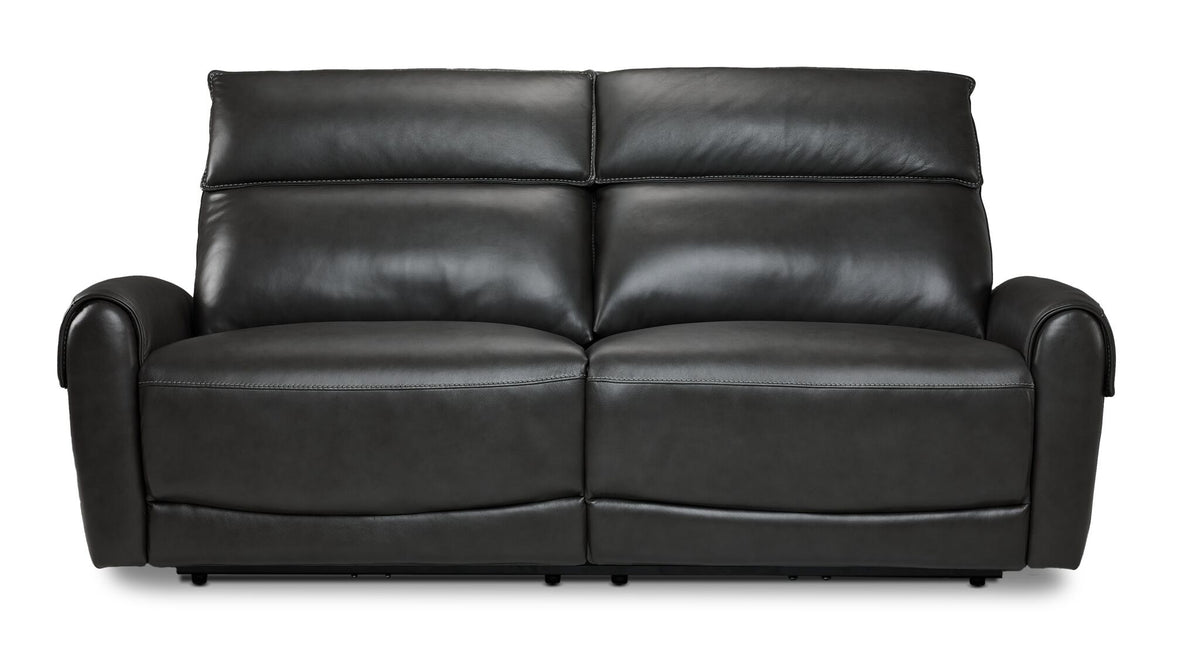 Theo Leather Dual Power Reclining Sofa - Charcoal front view with two cushioned seats, padded backrests and rounded arms