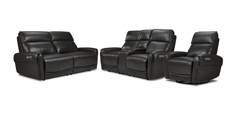 Theo Leather Dual Power Reclining Sofa, Loveseat and Rocker Recliner Set - Charcoal with padded headrests, curved arms and centre console