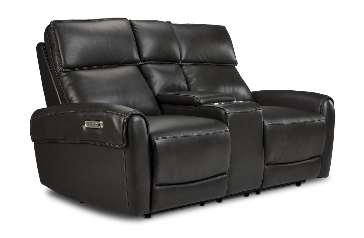 Theo Leather Dual Power Reclining Loveseat from the 3-piece set - Charcoal with centre console, cupholders and padded seating
