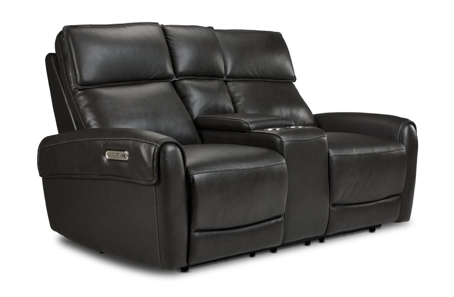 Theo Leather Dual Power Reclining Loveseat with Console - Charcoal shown at an angle with plush cushions, padded arms and centre console