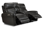 Theo Leather Dual Power Reclining Loveseat with Console - Charcoal shown at an angle with both reclining footrests extended