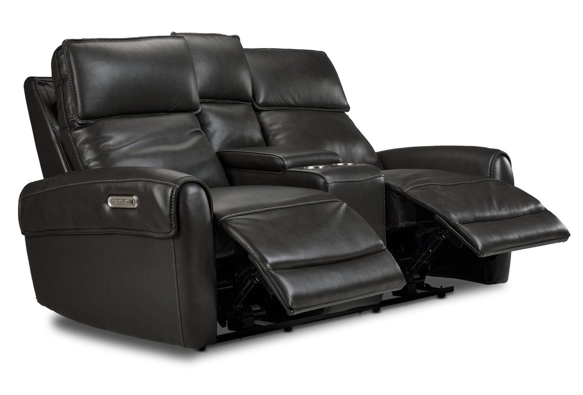 Theo Leather Dual Power Reclining Loveseat with Console - Charcoal shown at an angle with both reclining footrests extended